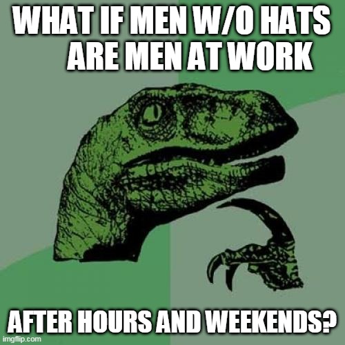 Philosoraptor Meme | WHAT IF MEN W/O HATS       ARE MEN AT WORK; AFTER HOURS AND WEEKENDS? | image tagged in memes,philosoraptor | made w/ Imgflip meme maker