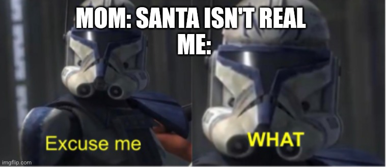 Excuse me what | MOM: SANTA ISN'T REAL; ME: | image tagged in excuse me what | made w/ Imgflip meme maker