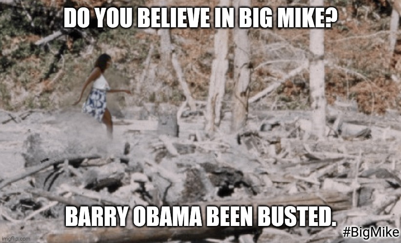 Oh my, What Big Feet You Have! | DO YOU BELIEVE IN BIG MIKE? BARRY OBAMA BEEN BUSTED. #BigMike | image tagged in bigfoot,michelle obama,lgbtq,sasquatch,bend over,the great awakening | made w/ Imgflip meme maker