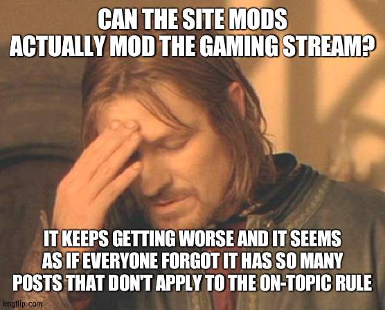Anyone want to step in? | CAN THE SITE MODS ACTUALLY MOD THE GAMING STREAM? IT KEEPS GETTING WORSE AND IT SEEMS AS IF EVERYONE FORGOT IT HAS SO MANY POSTS THAT DON'T APPLY TO THE ON-TOPIC RULE | image tagged in memes,frustrated boromir | made w/ Imgflip meme maker