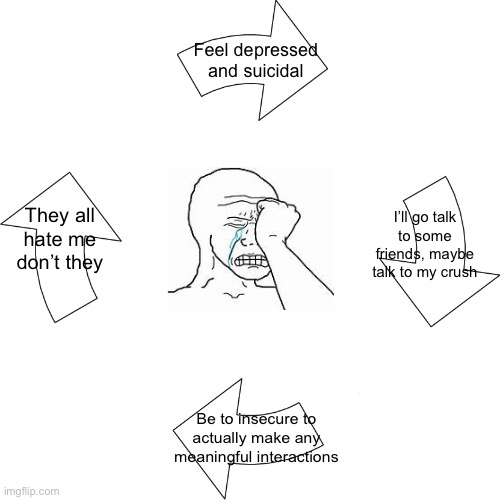 It never stops | Feel depressed and suicidal; I’ll go talk to some friends, maybe talk to my crush; They all hate me don’t they; Be to insecure to actually make any meaningful interactions | image tagged in vicious cycle | made w/ Imgflip meme maker