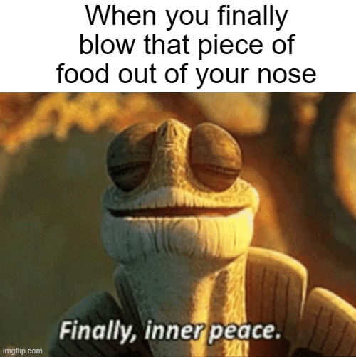 How does that even happen | When you finally blow that piece of food out of your nose | image tagged in finally inner peace,memes,relatable memes,true story | made w/ Imgflip meme maker