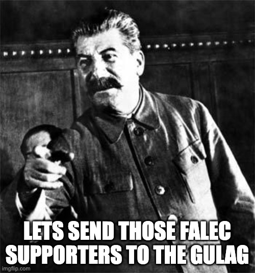 Stalin | LETS SEND THOSE FALEC SUPPORTERS TO THE GULAG | image tagged in stalin | made w/ Imgflip meme maker