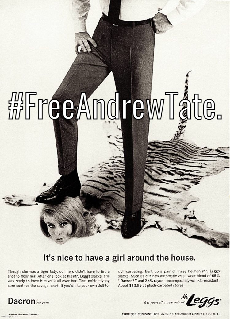 Heckin' based Big Tent Alliance content. Stand up to Woke Cancel Culture & free this man | #FreeAndrewTate. | image tagged in curiously offensive vintage ads,heckin,based,big tent alliance,content,free andrew tate | made w/ Imgflip meme maker