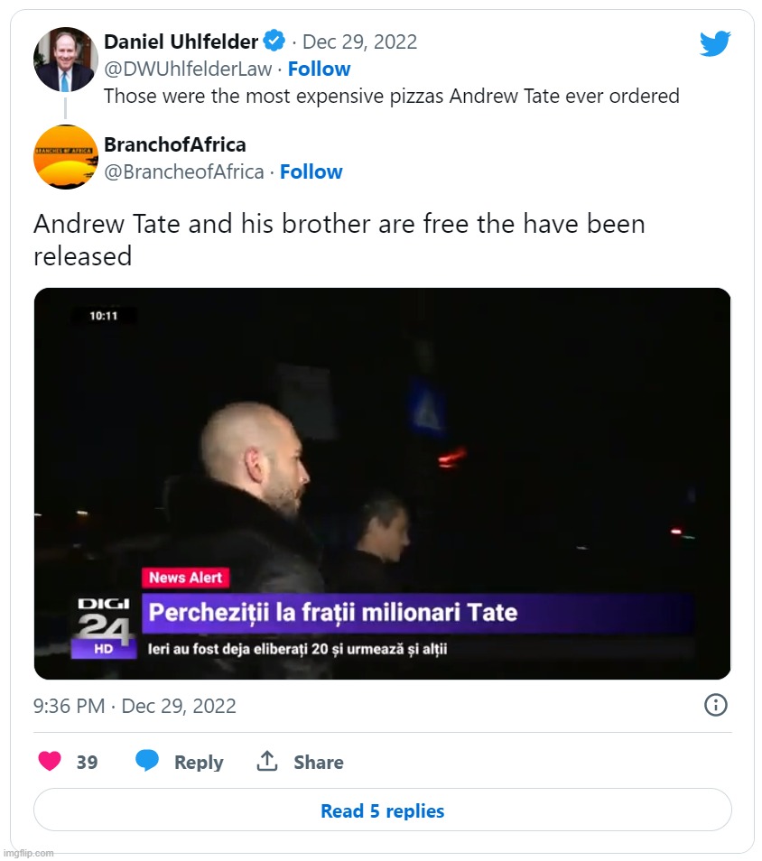Andrew Tate and his brother are free the have been released. Thank you everyone. We did it. We beat the Left | image tagged in andrew tate free,andrew tate,free,freedom,released,release the kraken | made w/ Imgflip meme maker