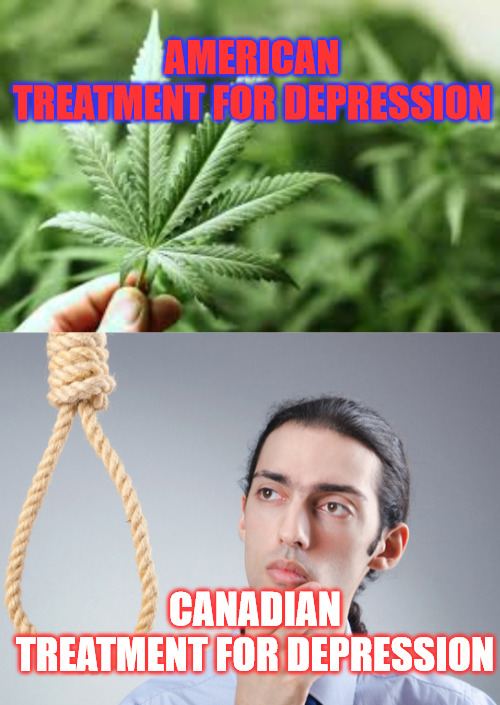 Canada vs America | AMERICAN TREATMENT FOR DEPRESSION; CANADIAN TREATMENT FOR DEPRESSION | image tagged in marijuana,noose | made w/ Imgflip meme maker