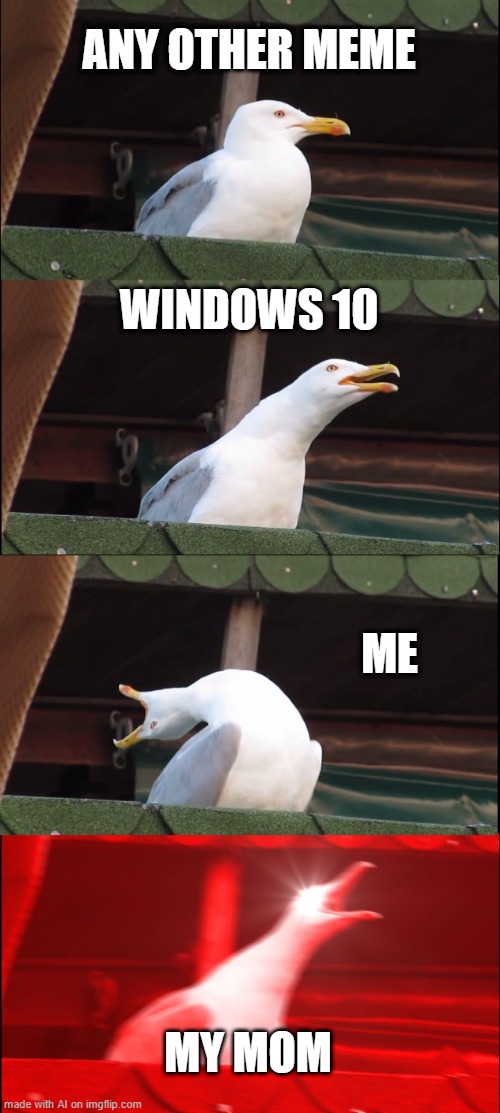 Inhaling Seagull | ANY OTHER MEME; WINDOWS 10; ME; MY MOM | image tagged in memes,inhaling seagull | made w/ Imgflip meme maker