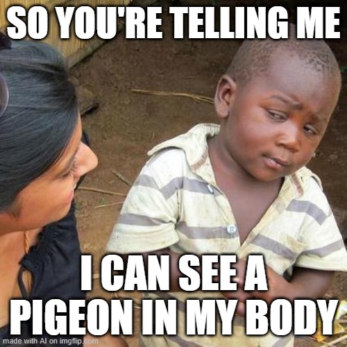 Third World Skeptical Kid Meme | SO YOU'RE TELLING ME; I CAN SEE A PIGEON IN MY BODY | image tagged in memes,third world skeptical kid | made w/ Imgflip meme maker