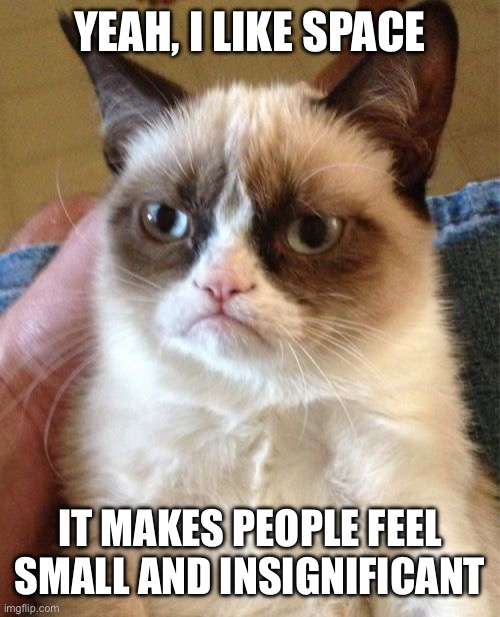 that's the second reason i like space (first one is that it's just freaking cool) | YEAH, I LIKE SPACE; IT MAKES PEOPLE FEEL SMALL AND INSIGNIFICANT | image tagged in memes,grumpy cat | made w/ Imgflip meme maker