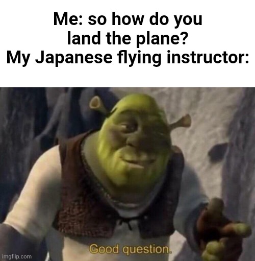 Shrek good question | Me: so how do you land the plane?
My Japanese flying instructor: | image tagged in shrek good question | made w/ Imgflip meme maker