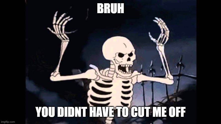 Spooky Skeleton | BRUH YOU DIDNT HAVE TO CUT ME OFF | image tagged in spooky skeleton | made w/ Imgflip meme maker