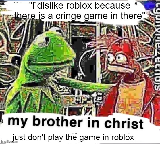My brother in Christ | "i dislike roblox because there is a cringe game in there"; just don't play the game in roblox | image tagged in my brother in christ | made w/ Imgflip meme maker
