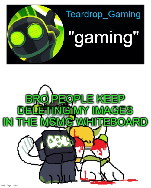 Teardrop_Gaming template | BRO PEOPLE KEEP DELETING MY IMAGES IN THE MSMG WHITEBOARD | image tagged in teardrop_gaming template | made w/ Imgflip meme maker