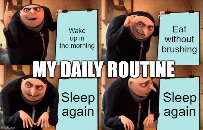 Gru's Plan Meme | Wake up in the morning; Eat without brushing; MY DAILY ROUTINE; Sleep again; Sleep again | image tagged in memes,gru's plan | made w/ Imgflip meme maker