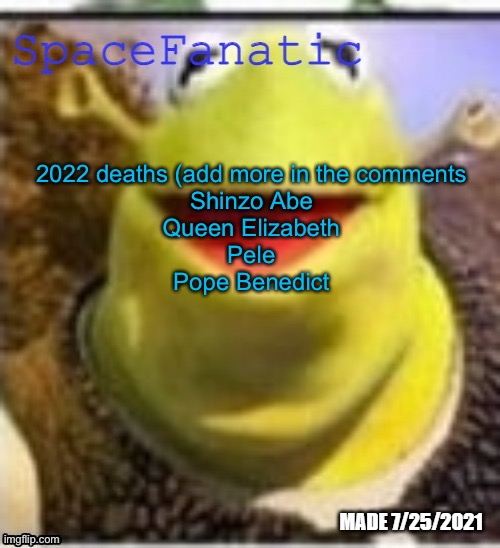 Ye Olde Announcements | 2022 deaths (add more in the comments
Shinzo Abe
Queen Elizabeth
Pele
Pope Benedict | image tagged in spacefanatic announcement temp | made w/ Imgflip meme maker