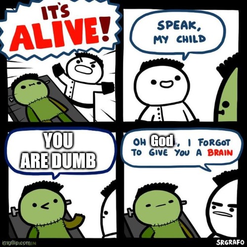 ... | YOU ARE DUMB; God | image tagged in it's alive | made w/ Imgflip meme maker