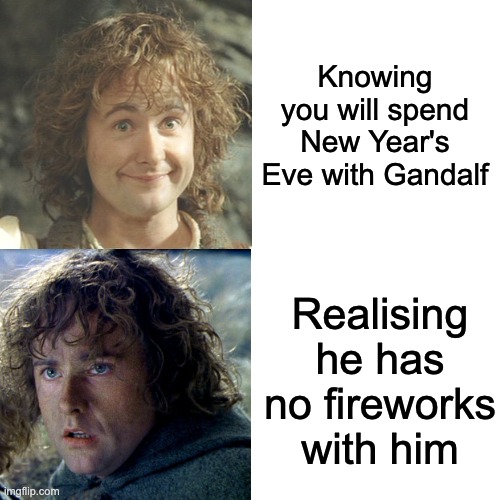 ...and a Pippin new year | Knowing you will spend New Year's Eve with Gandalf; Realising he has no fireworks with him | image tagged in fireworks,gandalf,lotr,happy new year | made w/ Imgflip meme maker