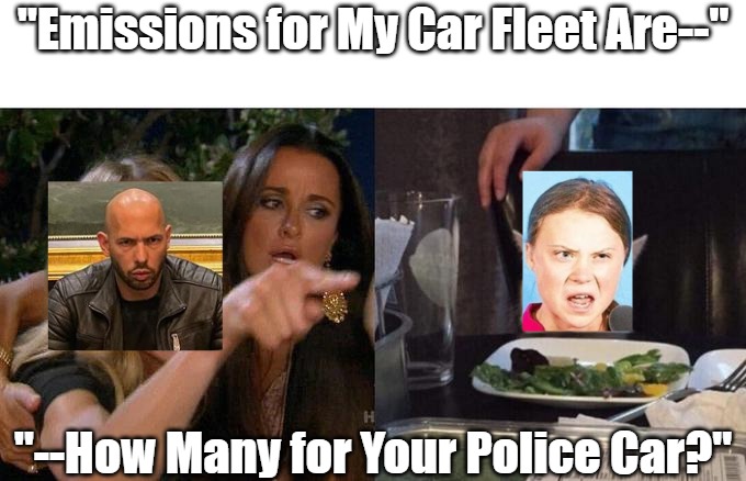 Taaaaaaaate vs Haaaaaaaate | "Emissions for My Car Fleet Are--"; "--How Many for Your Police Car?" | image tagged in andrew tate,greta thunberg,tate and thunberg,internet drama,climate change,woman yelling at cat | made w/ Imgflip meme maker