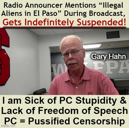"Politically Correct" Term Should Be 'Undocumented Democrats'. | Radio Announcer Mentions “Illegal 
Aliens in El Paso” During Broadcast, __________________; Gets Indefinitely Suspended! Gary Hahn; I am Sick of PC Stupidity &
Lack of Freedom of Speech; PC = Pussified Censorship | image tagged in politics,freedom of speech,pc,politically correct,censorship,political humor | made w/ Imgflip meme maker