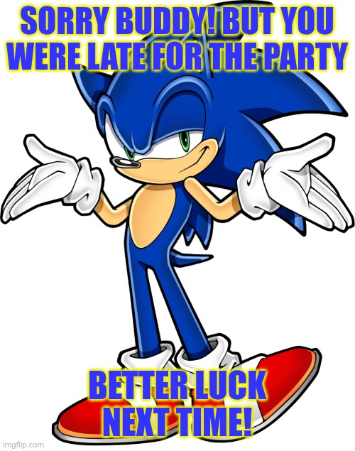 You Were Too Slow | SORRY BUDDY! BUT YOU WERE LATE FOR THE PARTY; BETTER LUCK NEXT TIME! | image tagged in sonic the hedgehog | made w/ Imgflip meme maker