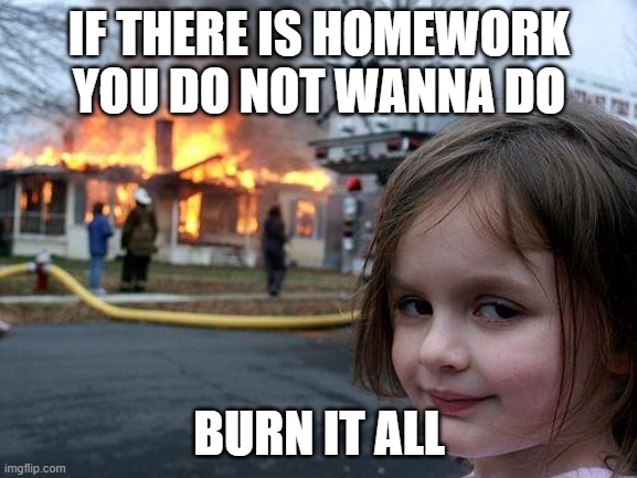 Disaster Girl Meme | IF THERE IS HOMEWORK YOU DO NOT WANNA DO; BURN IT ALL | image tagged in memes,disaster girl | made w/ Imgflip meme maker