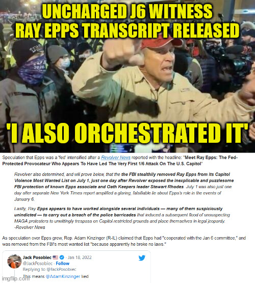 Jan 6 liars being exposed... | UNCHARGED J6 WITNESS RAY EPPS TRANSCRIPT RELEASED; 'I ALSO ORCHESTRATED IT' | image tagged in corrupt,fbi,liars | made w/ Imgflip meme maker