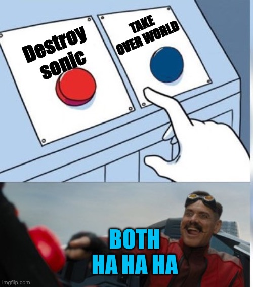 Which button | TAKE OVER WORLD; Destroy sonic; BOTH
HA HA HA | image tagged in two buttons eggman,sonic the hedgehog | made w/ Imgflip meme maker