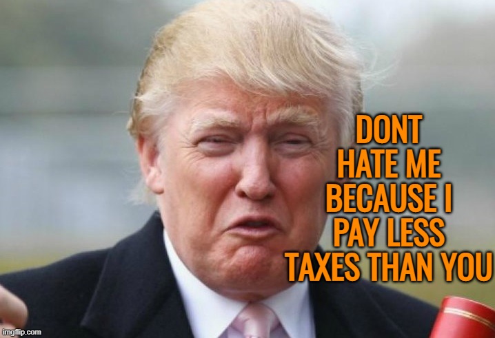 Trump Crybaby | DONT HATE ME BECAUSE I PAY LESS TAXES THAN YOU | image tagged in trump crybaby | made w/ Imgflip meme maker