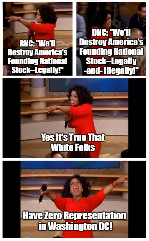 Your Ancestors Actually Toiled, Bled, and Died to Replace You! |  DNC: "We'll Destroy America's Founding National Stock--Legally -and- Illegally!"; RNC: "We'll Destroy America's Founding National Stock--Legally!"; Yes It's True That 
White Folks; Have Zero Representation 
in Washington DC! | image tagged in memes,oprah you get a car everybody gets a car,democratic party,republican party,uniparty policies,white people | made w/ Imgflip meme maker