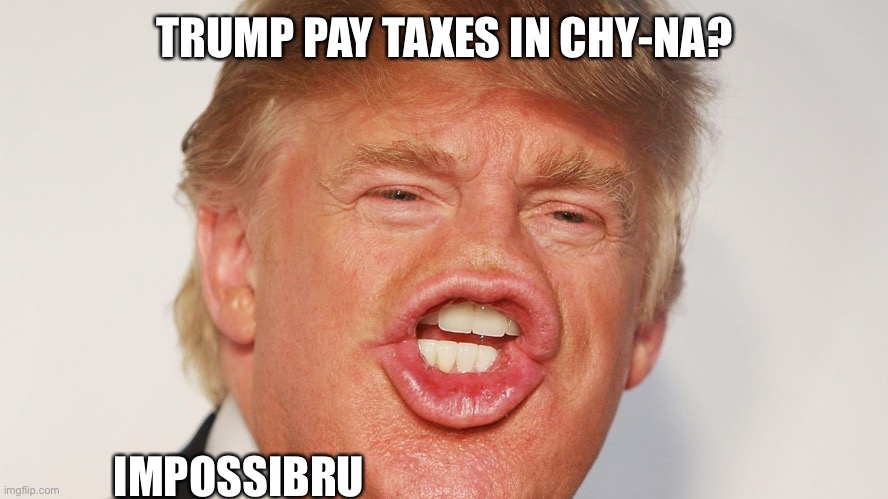 Donald Trump China | TRUMP PAY TAXES IN CHY-NA? IMPOSSIBRU | image tagged in donald trump china | made w/ Imgflip meme maker