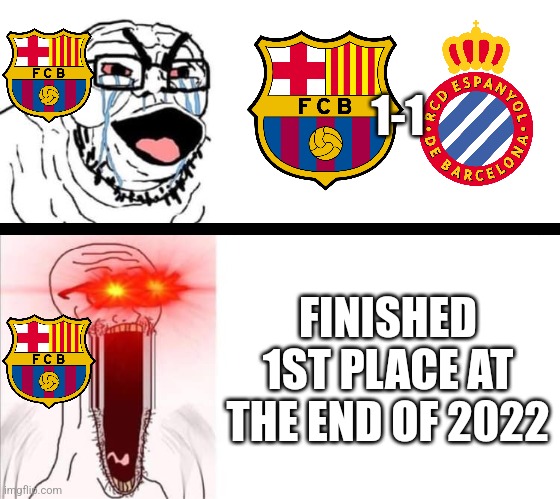 Barça 1 Espanyol 1 (sorry Culers) | 1-1; FINISHED 1ST PLACE AT THE END OF 2022 | image tagged in hyper soyboy,barcelona,espanyol,la liga,futbol,memes | made w/ Imgflip meme maker