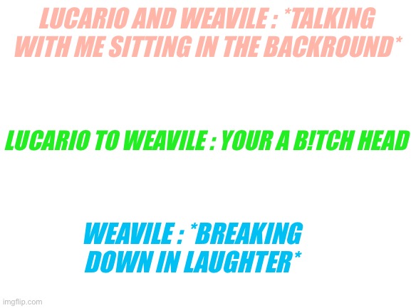 Blank White Template | LUCARIO AND WEAVILE : *TALKING WITH ME SITTING IN THE BACKROUND*; LUCARIO TO WEAVILE : YOUR A B!TCH HEAD; WEAVILE : *BREAKING DOWN IN LAUGHTER* | image tagged in blank white template | made w/ Imgflip meme maker