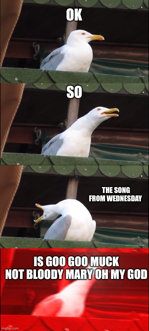Inhaling Seagull Meme | OK; SO; THE SONG FROM WEDNESDAY; IS GOO GOO MUCK NOT BLOODY MARY OH MY GOD | image tagged in memes,inhaling seagull | made w/ Imgflip meme maker