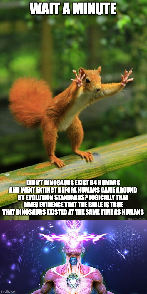WAIT A MINUTE DIDN'T DINOSAURS EXIST B4 HUMANS AND WENT EXTINCT BEFORE HUMANS CAME AROUND BY EVOLUTION STANDARDS? LOGICALLY THAT GIVES EVIDE | image tagged in wait a minute squirrel,the tactic to surpass f1 f3 | made w/ Imgflip meme maker
