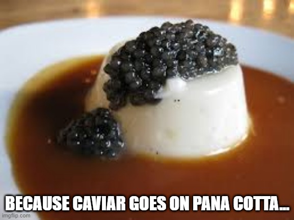 Dessert Anyone? | BECAUSE CAVIAR GOES ON PANA COTTA... | image tagged in caviar | made w/ Imgflip meme maker