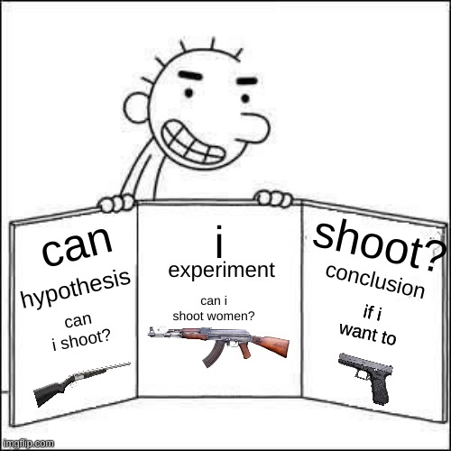 A+ | shoot? i; can; experiment; conclusion; hypothesis; can i shoot women? if i want to; can i shoot? | image tagged in rodrick presenting something | made w/ Imgflip meme maker