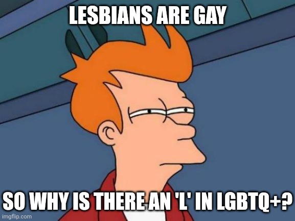 Are they saying women are twice as gay as men? | LESBIANS ARE GAY; SO WHY IS THERE AN 'L' IN LGBTQ+? | image tagged in memes,futurama fry,politics,lgbt,hmmm | made w/ Imgflip meme maker