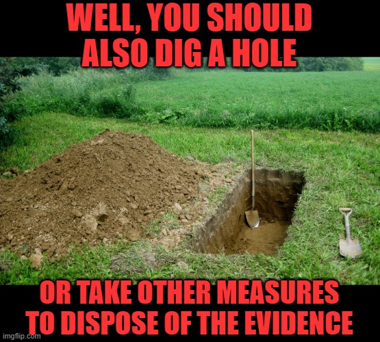 Freshly Dug Grave | WELL, YOU SHOULD ALSO DIG A HOLE OR TAKE OTHER MEASURES TO DISPOSE OF THE EVIDENCE | image tagged in freshly dug grave | made w/ Imgflip meme maker