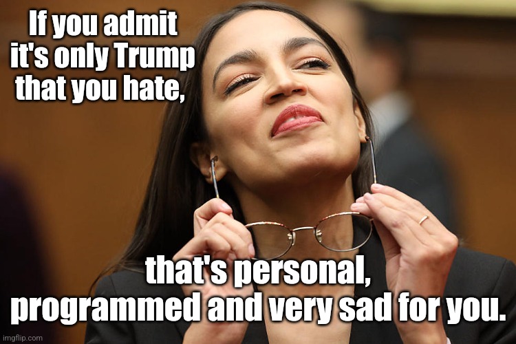aoc Super Smug with glasses | If you admit it's only Trump that you hate, that's personal, programmed and very sad for you. | image tagged in aoc super smug with glasses | made w/ Imgflip meme maker
