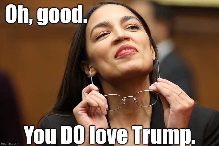 aoc Super Smug with glasses | Oh, good. You DO love Trump. | image tagged in aoc super smug with glasses | made w/ Imgflip meme maker