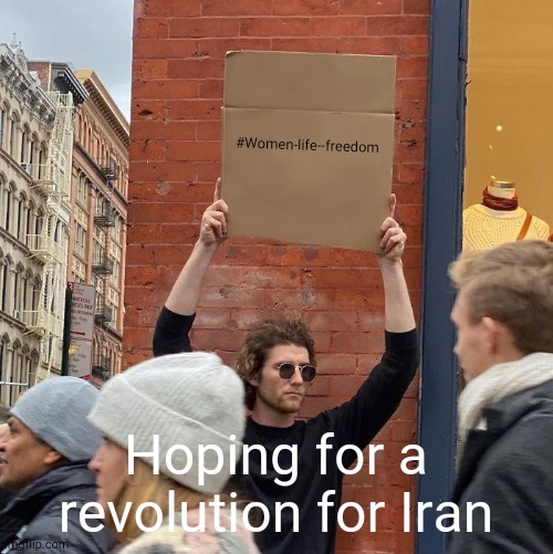 Hoping for a revolution for Iran | #Women-life--freedom; Hoping for a revolution for Iran | image tagged in memes,guy holding cardboard sign,iran,freedom,life,women | made w/ Imgflip meme maker