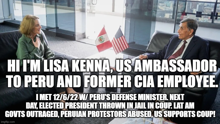the US supports Democracy(R) | HI I'M LISA KENNA, US AMBASSADOR TO PERU AND FORMER CIA EMPLOYEE. I MET 12/6/22 W/ PERU'S DEFENSE MINISTER. NEXT DAY, ELECTED PRESIDENT THROWN IN JAIL IN COUP. LAT AM GOVTS OUTRAGED, PERUIAN PROTESTORS ABUSED, US SUPPORTS COUP! | image tagged in memes | made w/ Imgflip meme maker