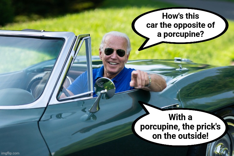 Joe's got a joke | How's this
car the opposite of
a porcupine? With a
porcupine, the prick's
on the outside! | image tagged in memes,joe biden,senile creep,corvette,joke,porcupine | made w/ Imgflip meme maker