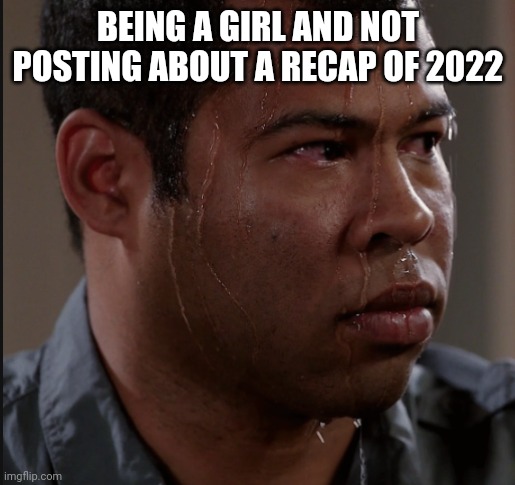 Please stop | BEING A GIRL AND NOT POSTING ABOUT A RECAP OF 2022 | image tagged in sweating man | made w/ Imgflip meme maker