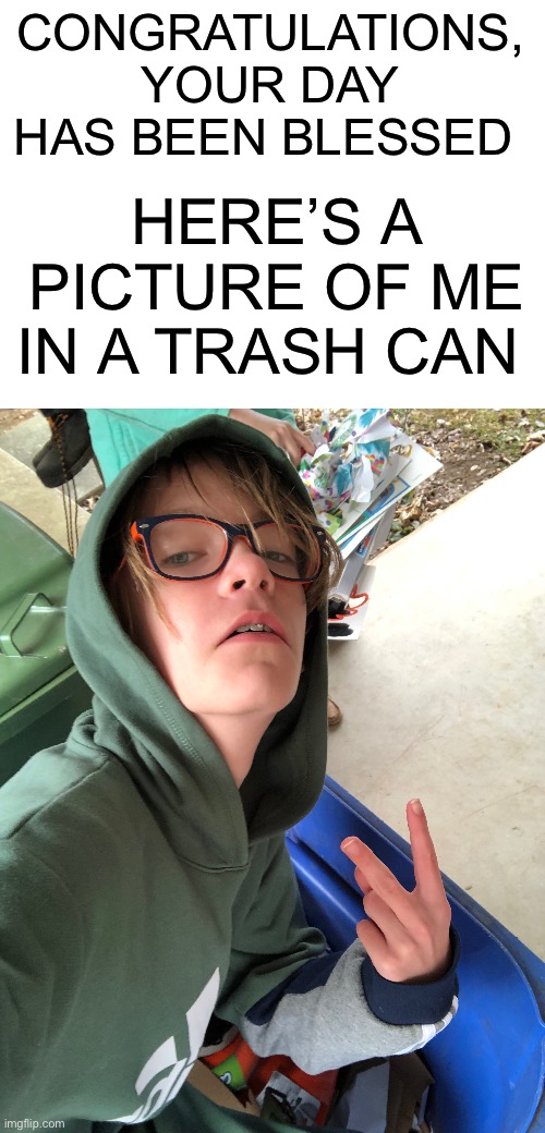 Well now you know what I look like | CONGRATULATIONS, YOUR DAY HAS BEEN BLESSED; HERE’S A PICTURE OF ME IN A TRASH CAN | image tagged in me,trash can | made w/ Imgflip meme maker