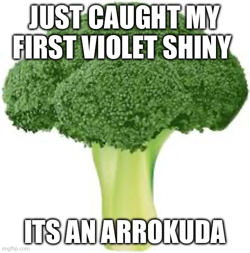 Broccoli for no reason | JUST CAUGHT MY FIRST VIOLET SHINY; ITS AN ARROKUDA | image tagged in broccoli for no reason | made w/ Imgflip meme maker