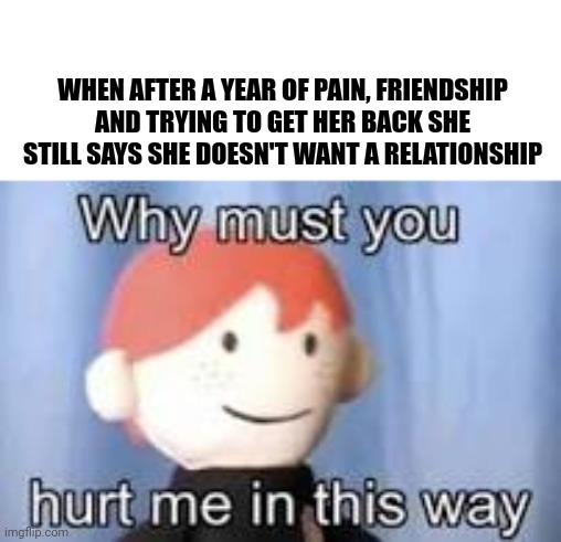 Relatable :'( | WHEN AFTER A YEAR OF PAIN, FRIENDSHIP AND TRYING TO GET HER BACK SHE STILL SAYS SHE DOESN'T WANT A RELATIONSHIP | image tagged in why must you hurt me in this way,memes,sad,relatable,pain,love | made w/ Imgflip meme maker