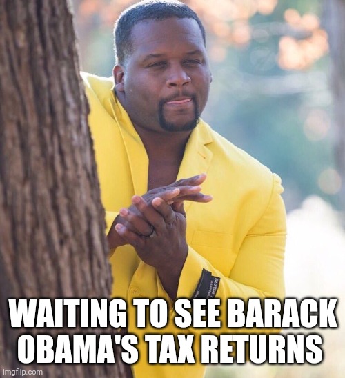 Black guy hiding behind tree | WAITING TO SEE BARACK OBAMA'S TAX RETURNS | image tagged in black guy hiding behind tree | made w/ Imgflip meme maker