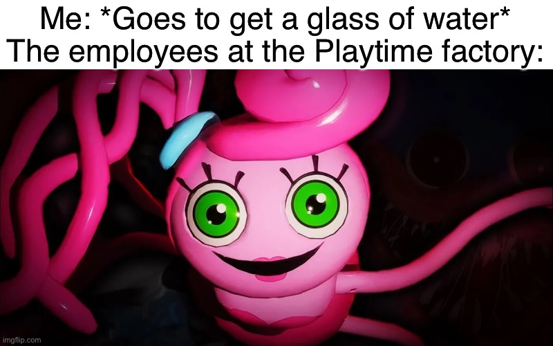 (With the implication that “Me” is a toy-) | Me: *Goes to get a glass of water*
The employees at the Playtime factory: | image tagged in lol | made w/ Imgflip meme maker