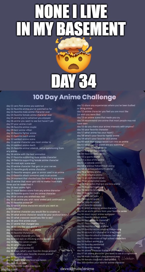 day 34 (this is a joke) | NONE I LIVE IN MY BASEMENT; DAY 34 | image tagged in 100 day anime challenge,anime | made w/ Imgflip meme maker